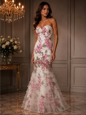 Ellie Wilde by Mon Cheri Strapless Floral Mermaid Dress in Pink and White